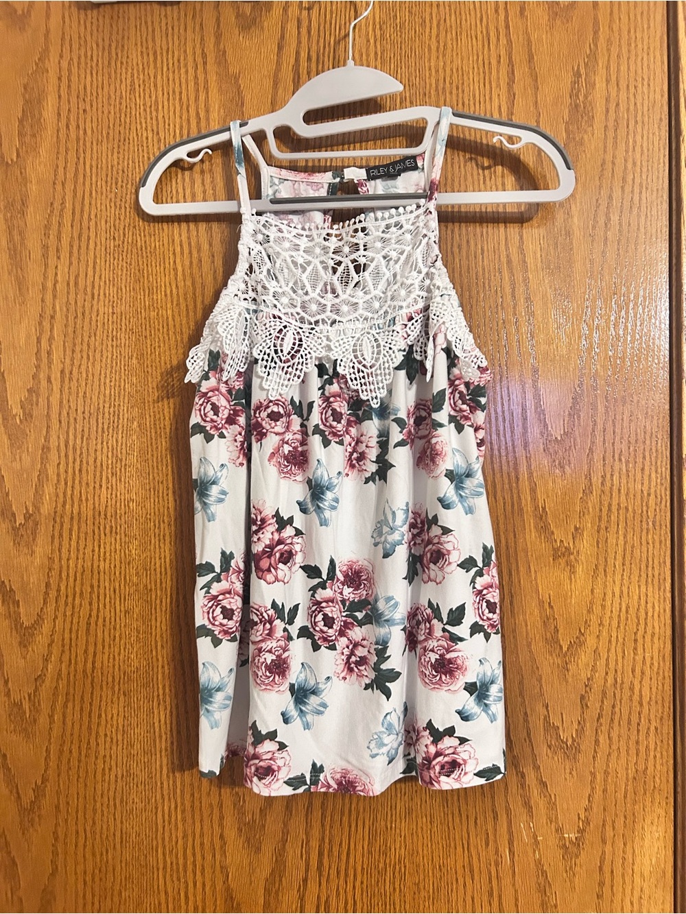 Women’s Crochet Halter Tank Top - White with Pink Floral Print